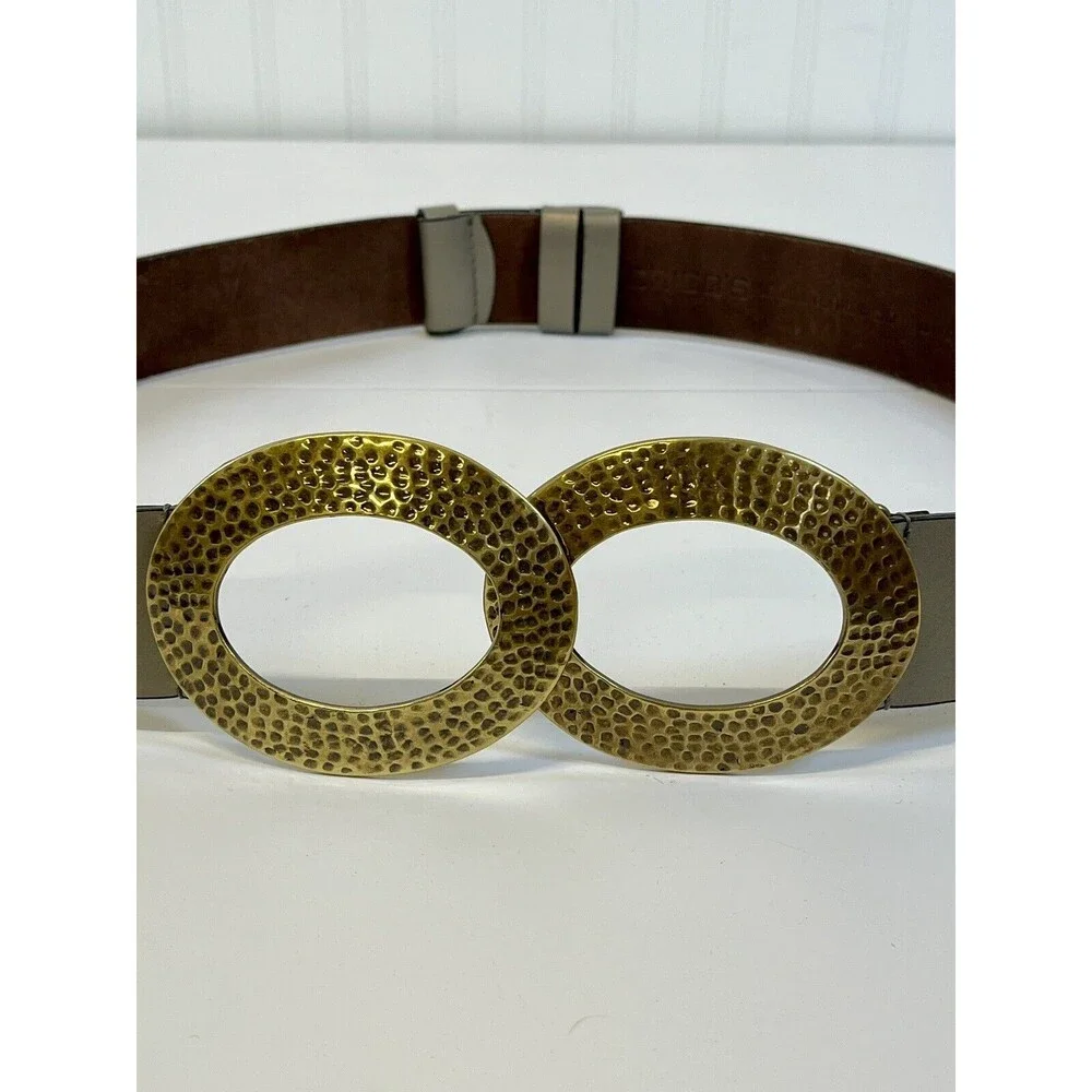Chico's Belt Antique Gold Hammered Double Ring Closure‎ Taupe/Grey Adjustable - Picture 4 of 7